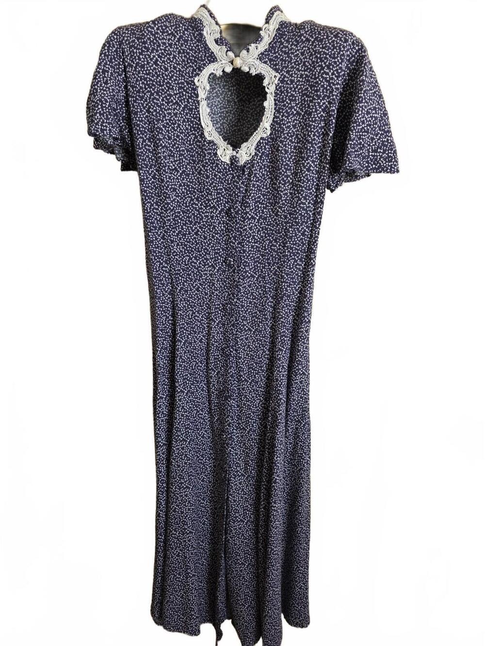 Vintage 90's DBY Blue Floral Dress Lace Trim Keyhole Neckline 11/12 Whimsigoth